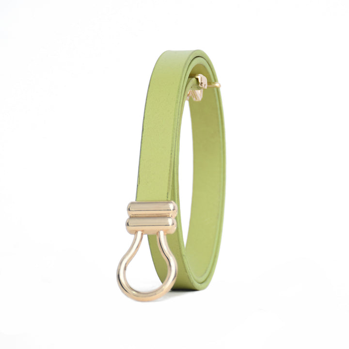 Light green leather belt with gold hardware on a white background