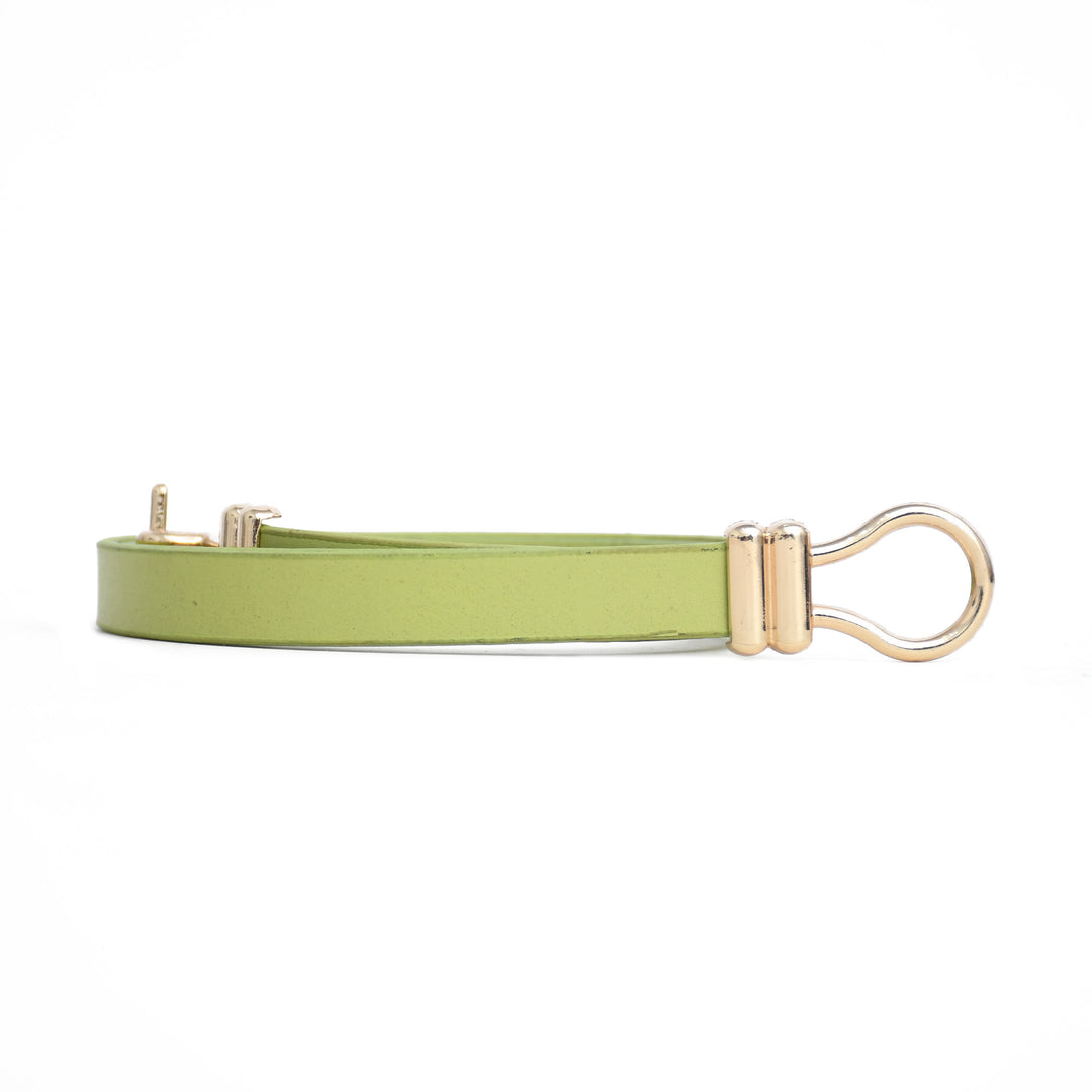 Light green ladies belt with golden buckle on a white background