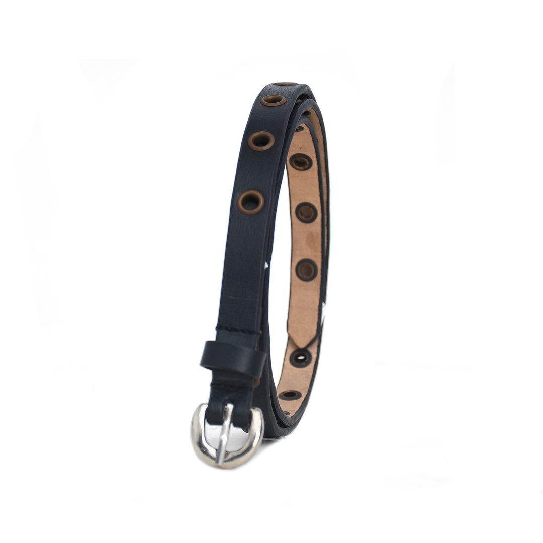 Black leather dog collar with metal buckle on a white background