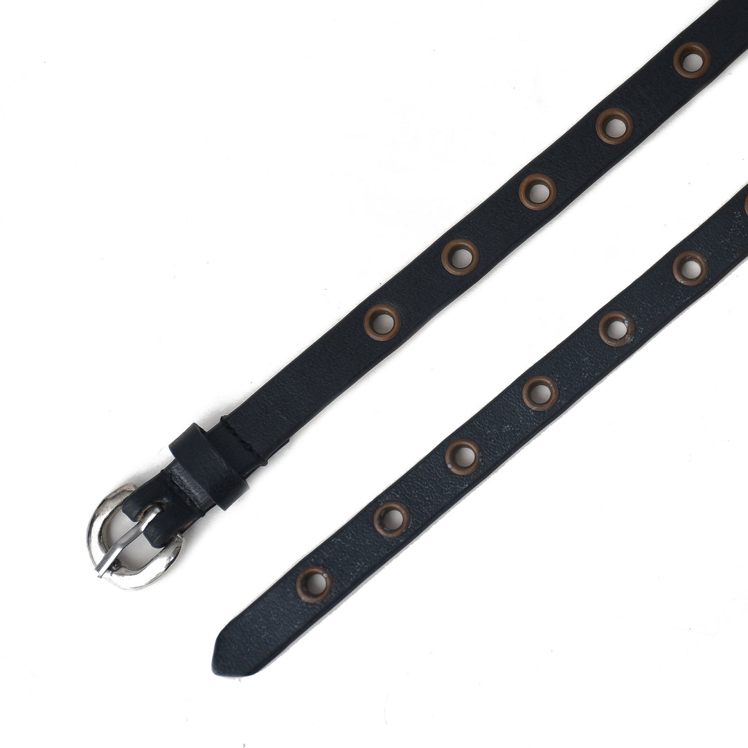 Black belt with metal buckle and eyelets on a white background