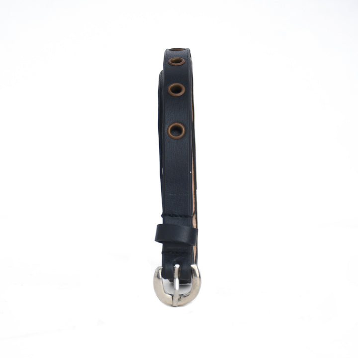 Black leather dog collar with metal buckle on a white background