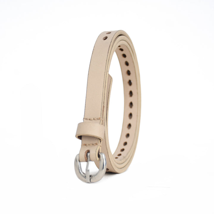 Beige leather dog collar with silver buckle on a white background