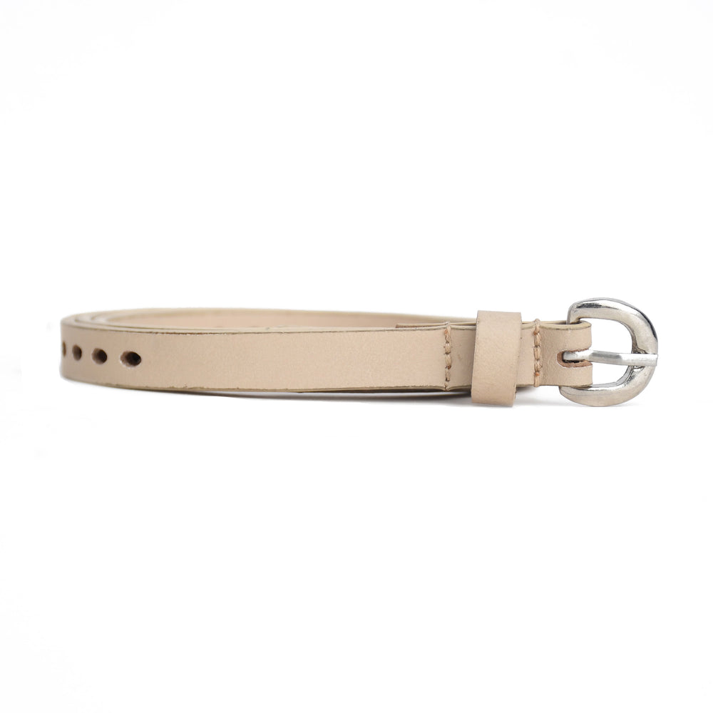 Beige leather dog collar with a silver buckle on a white background