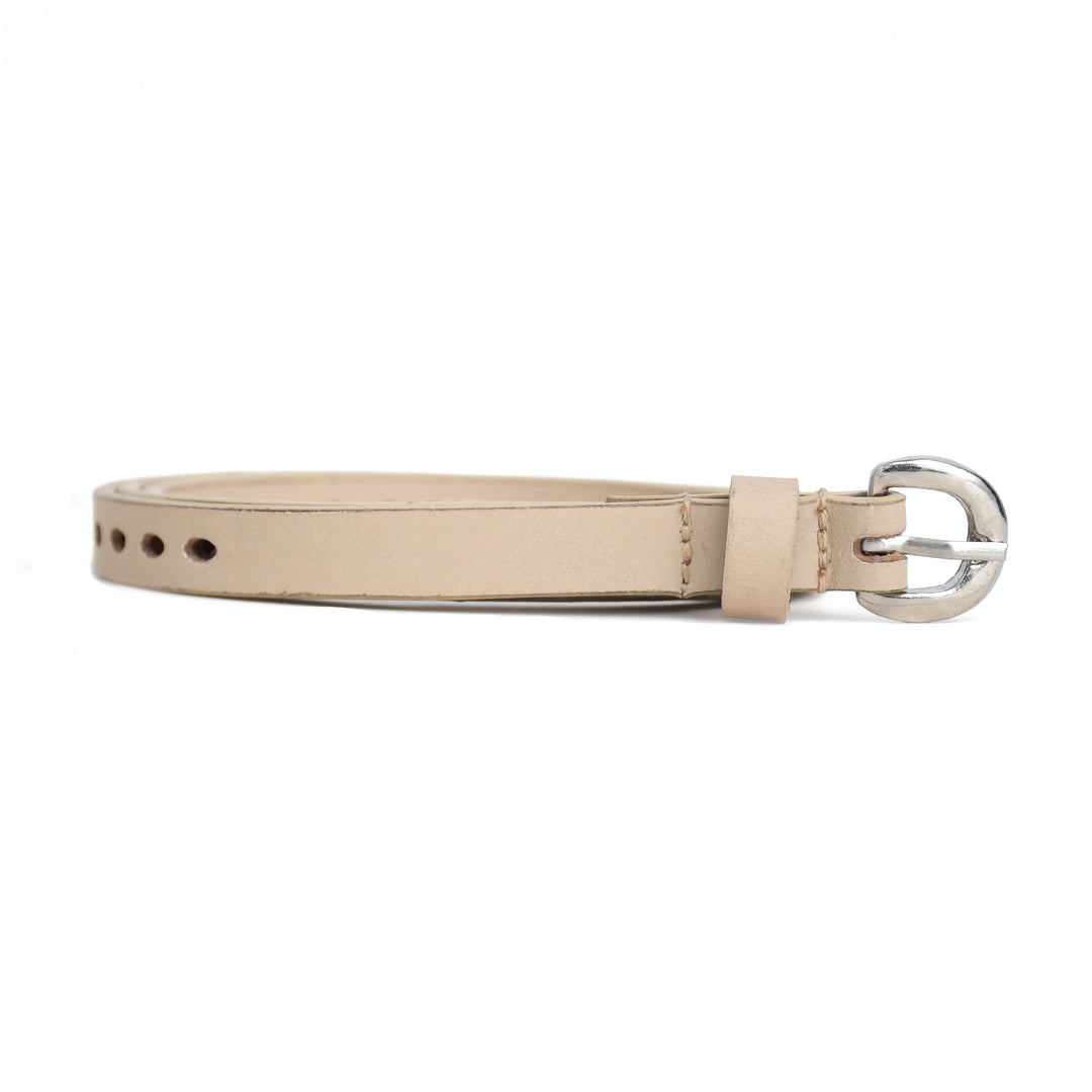 Beige leather dog collar with a silver buckle on a white background