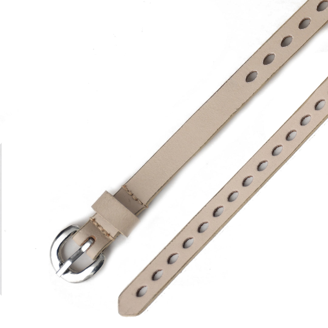 Beige leather belt with silver buckle on a white background