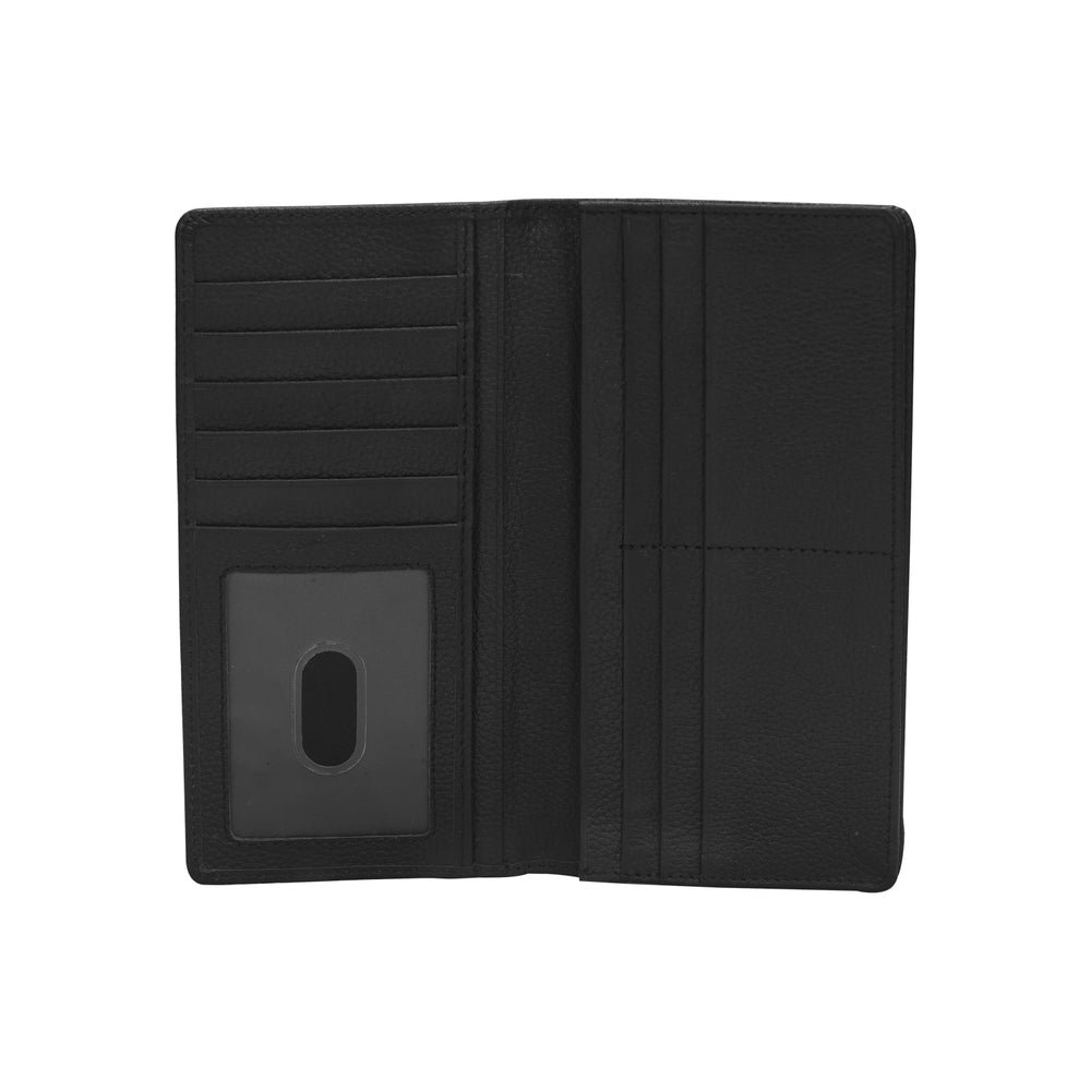 Black leather wallet with card slots on a white background