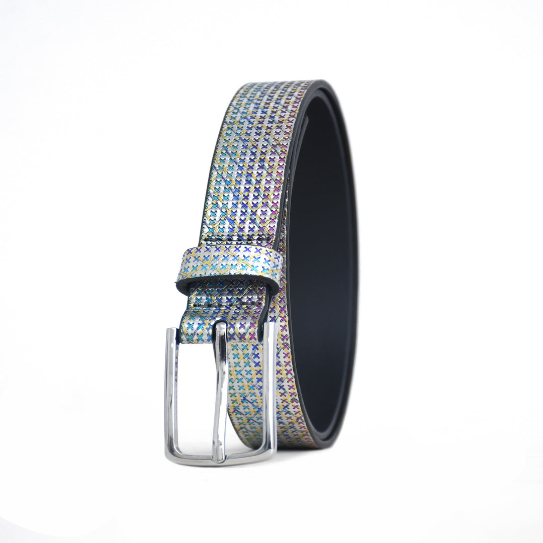 Multicolored glittery belt with a silver buckle on a white background