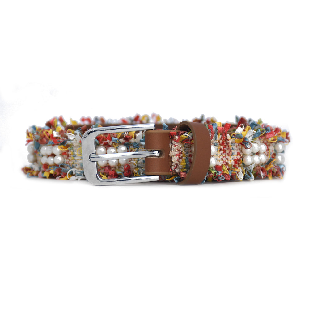 Colorful beaded belt with a silver buckle on a white background