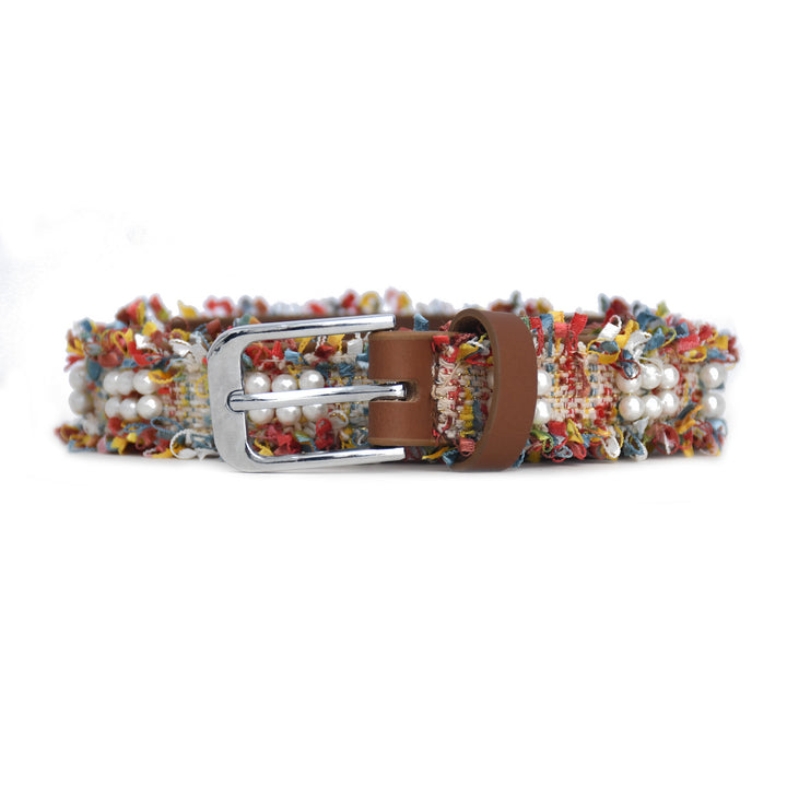 Colorful beaded belt with a silver buckle on a white background