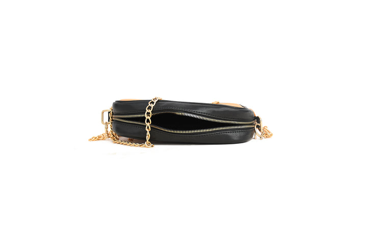 Black handbag with gold chain strap on a white background