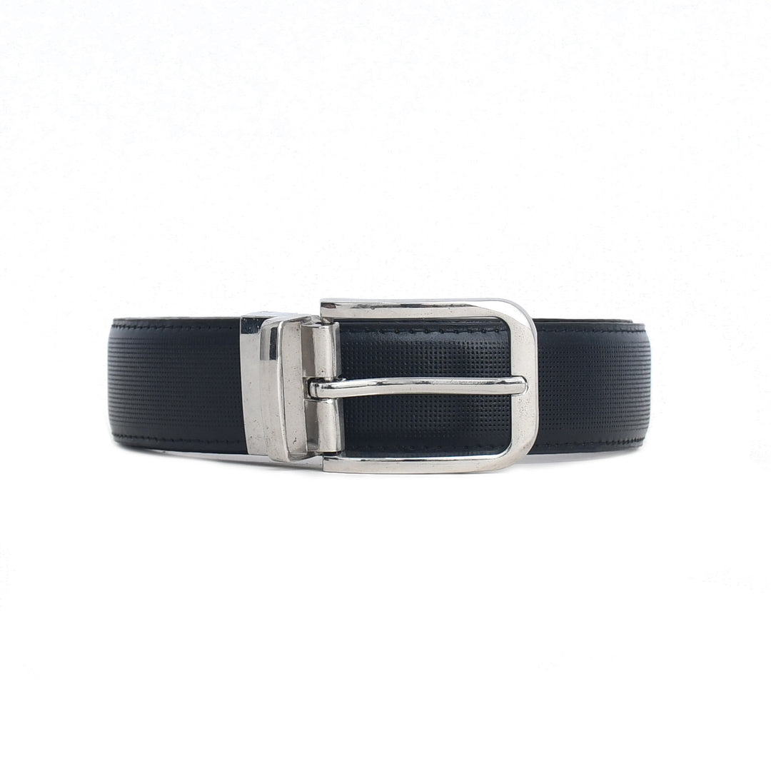 Black leather belt with a silver buckle on a white background