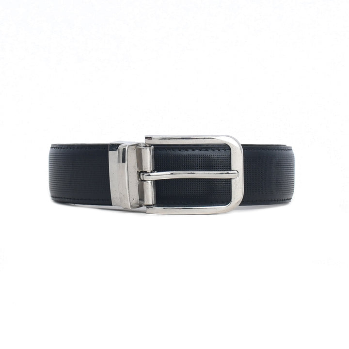 Black leather belt with a silver buckle on a white background