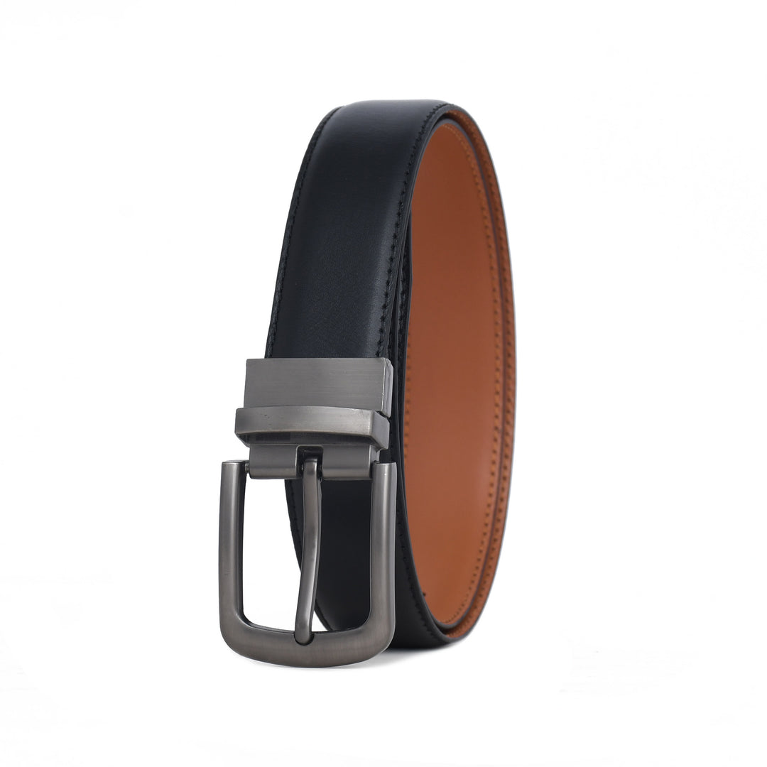 Black and brown leather belt with a silver buckle on a white background