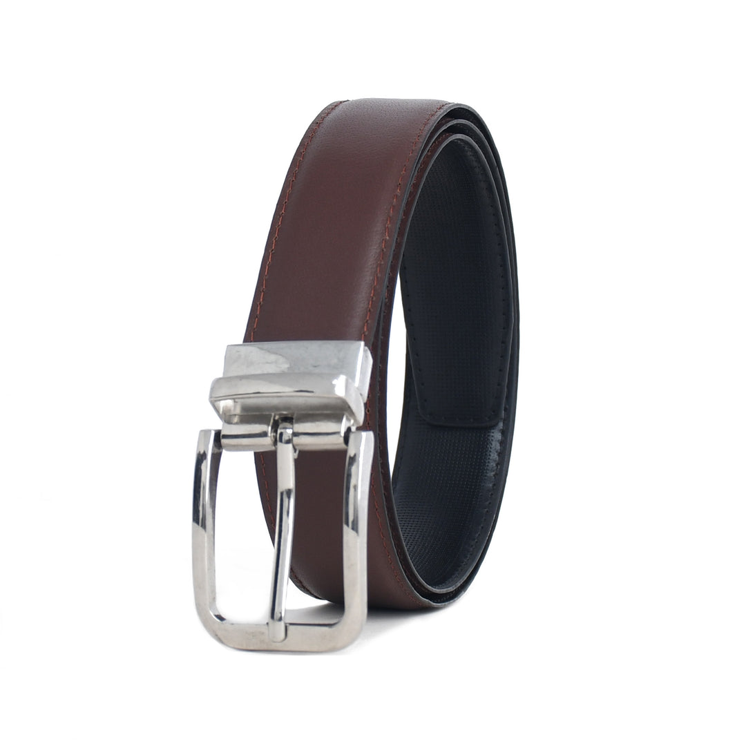 Brown leather belt with silver buckle on a white background