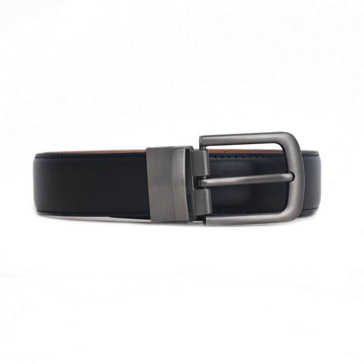 Black leather belt with a gunmetal buckle on a white background