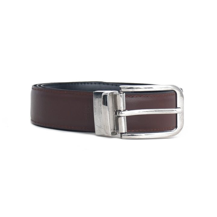 Brown leather belt with silver buckle on a white background