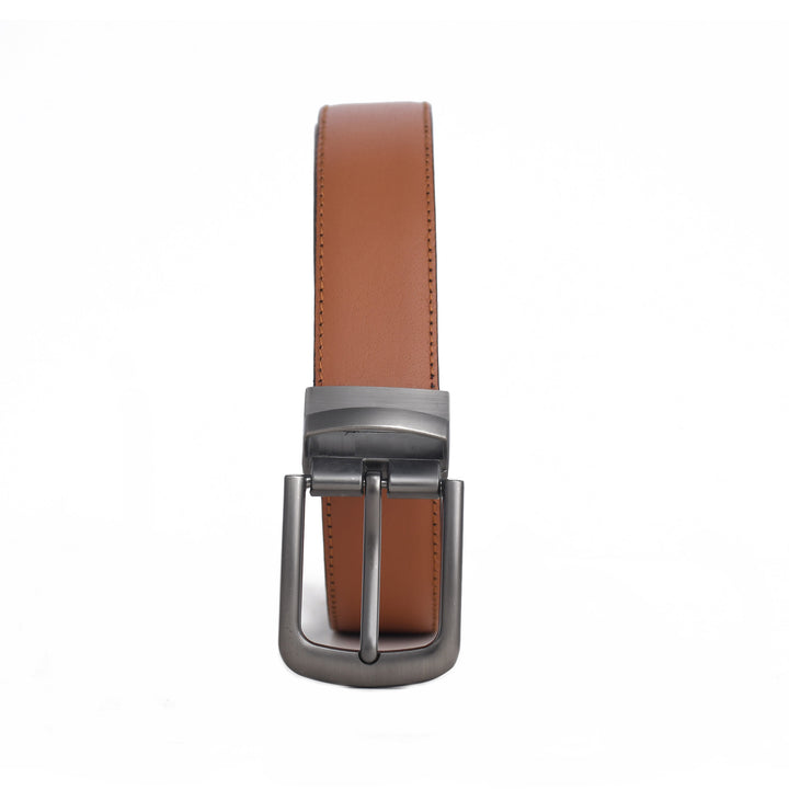 Brown leather belt with silver buckle on a white background