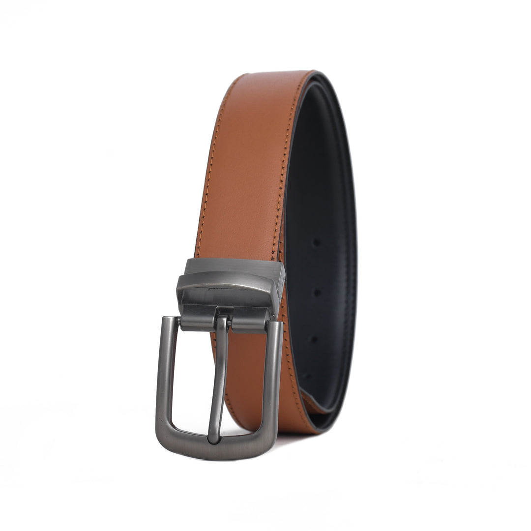 Brown leather belt with black interior and silver buckle on a white background
