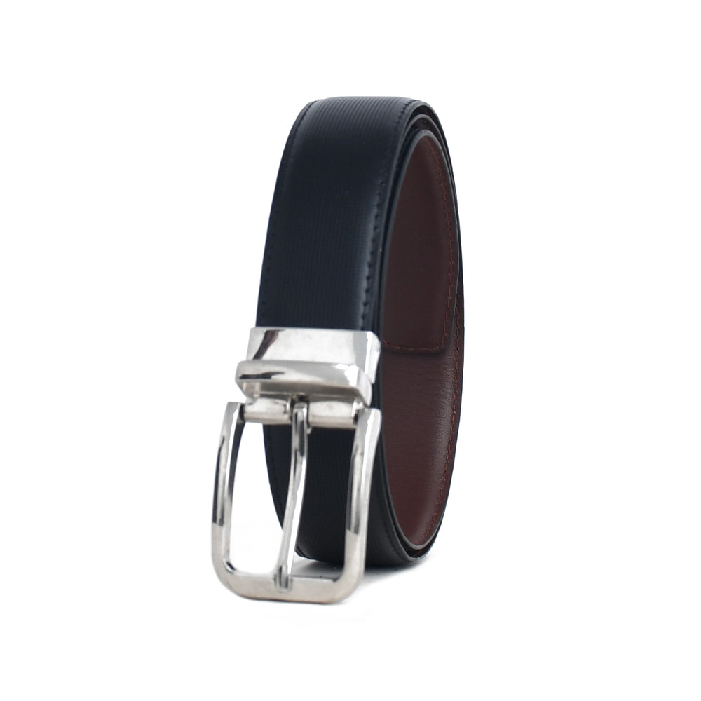 Navy and brown leather belt with silver buckle on a white background