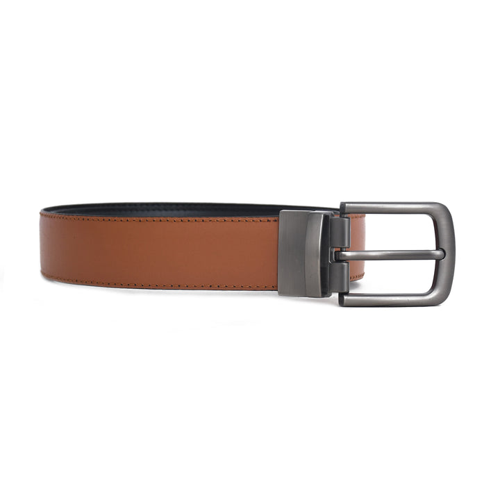 Brown leather belt with a silver buckle on a white background