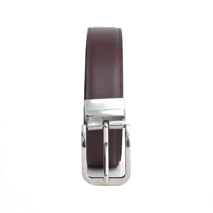 Brown leather belt with silver buckle on a white background