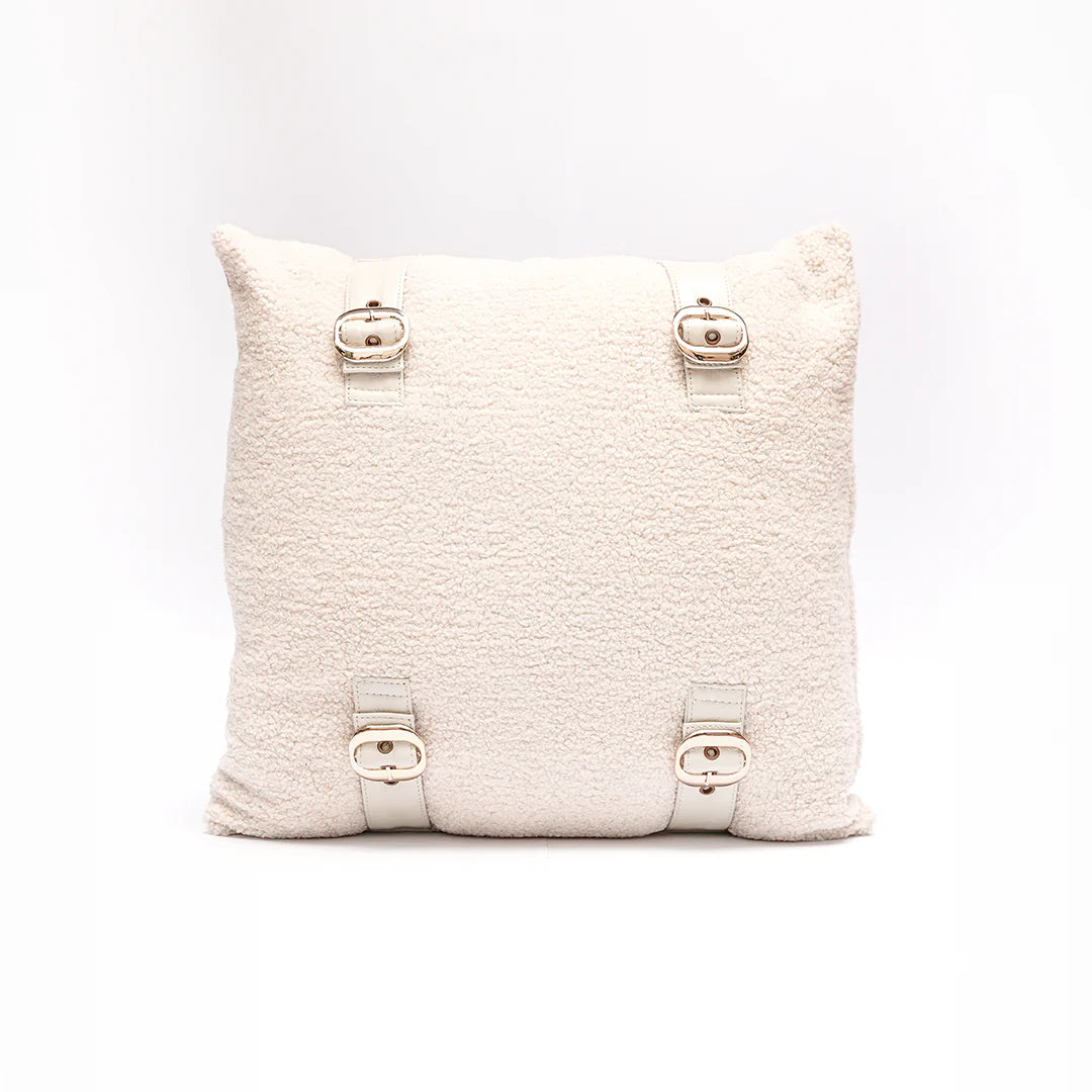 Handmade Genuine Leather Sherpa Buckle Cushion – Ivory White