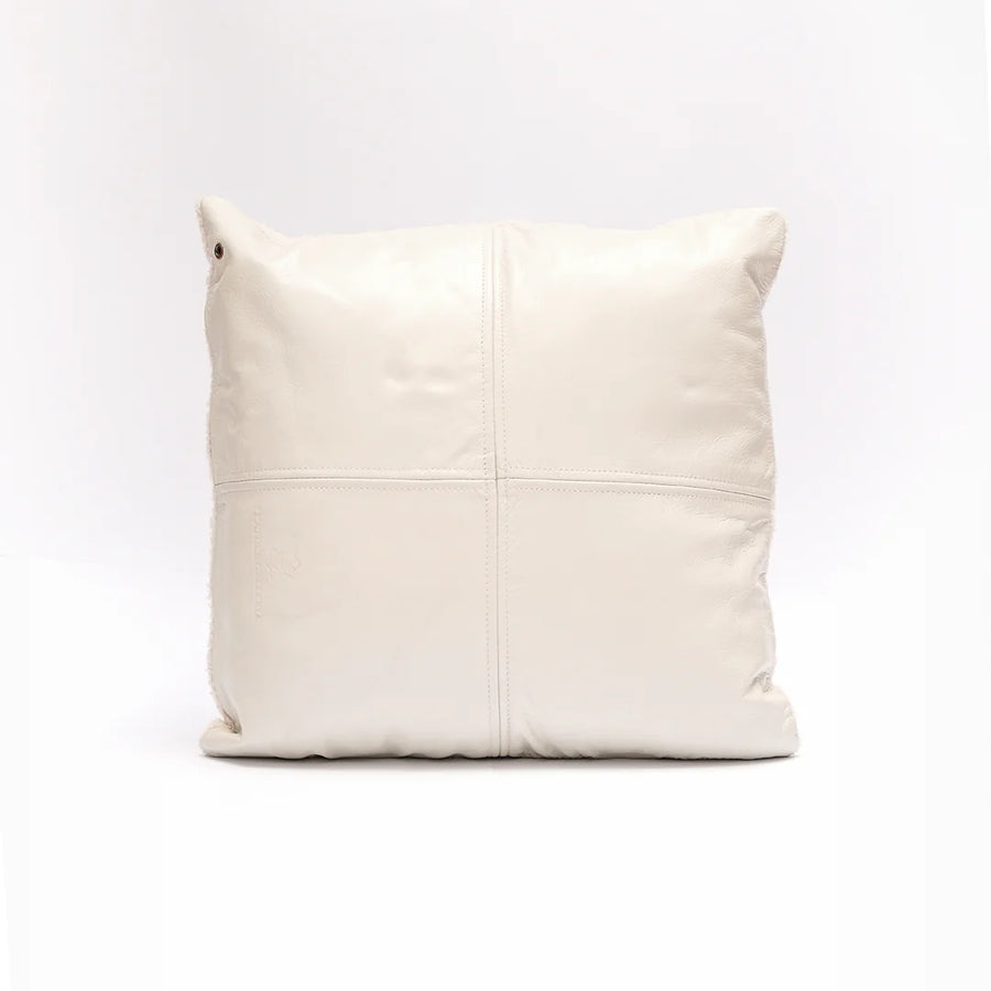 Handmade Genuine Leather Sherpa Buckle Cushion – Ivory White