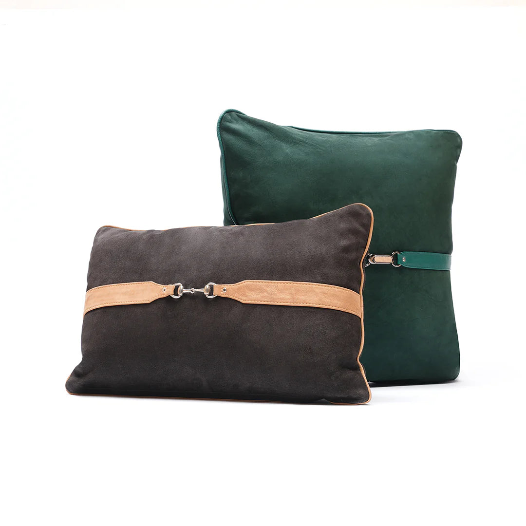 Two decorative pillows, one green and one black with a tan band, on a white background.