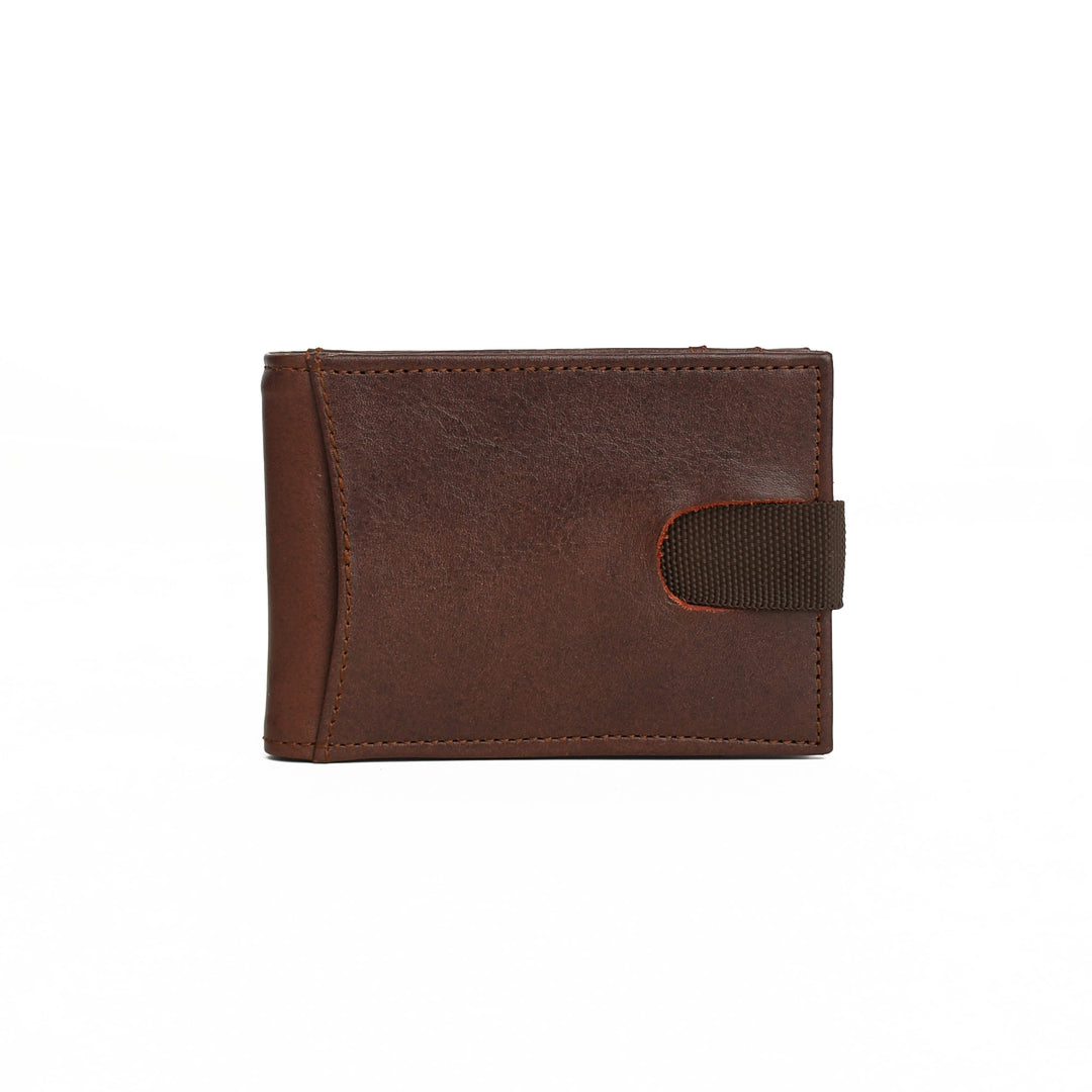 Brown leather wallet with a strap on a white background