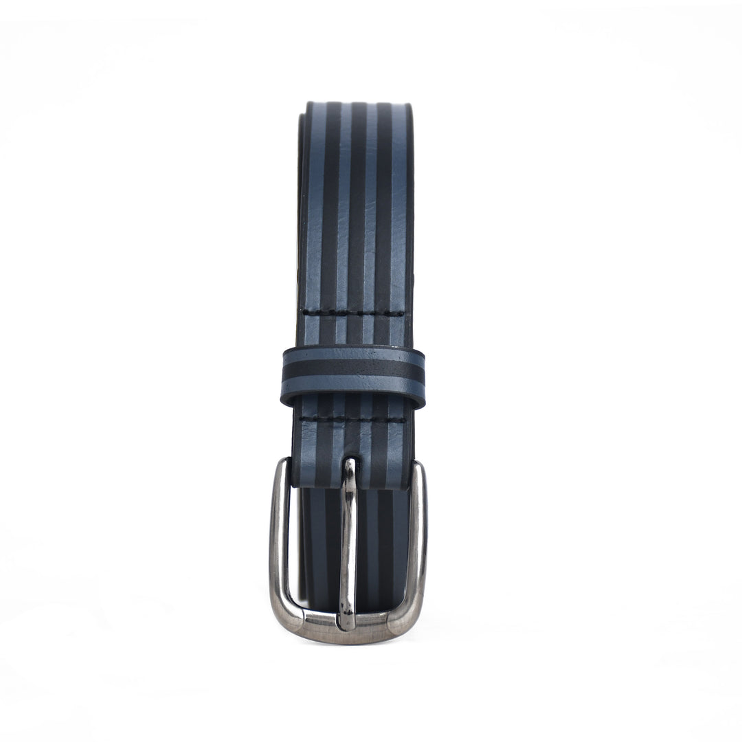 Striped belt with a silver buckle on a white background