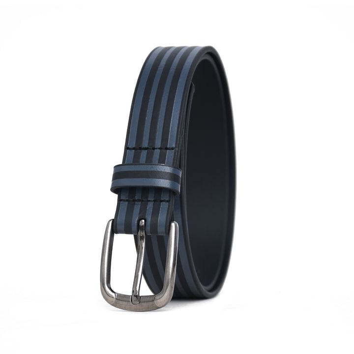 Black belt with blue stripes and silver buckle on a white background