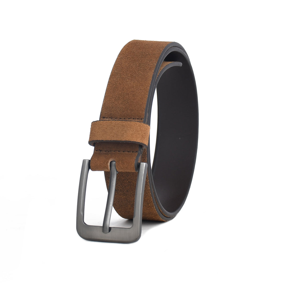 Brown leather belt with a silver buckle on a white background