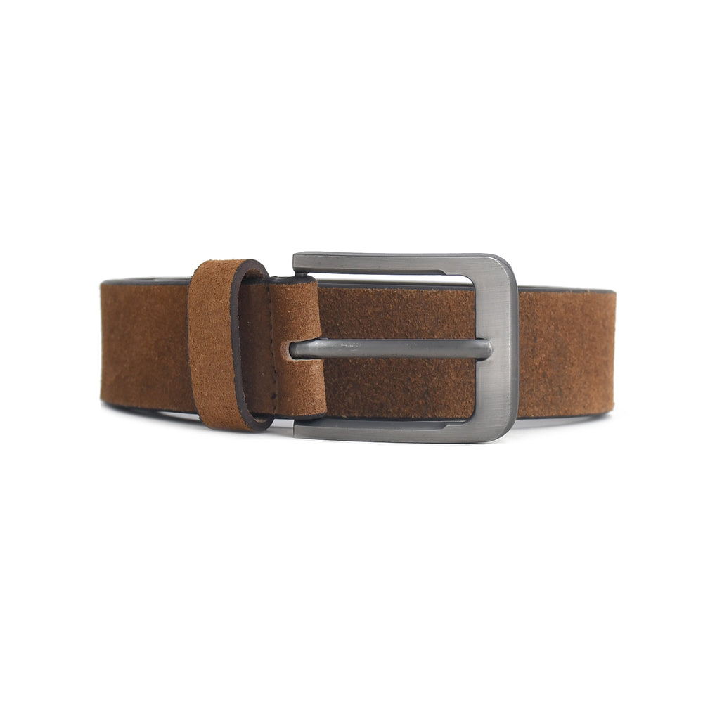 Brown leather belt with a silver buckle on a white background