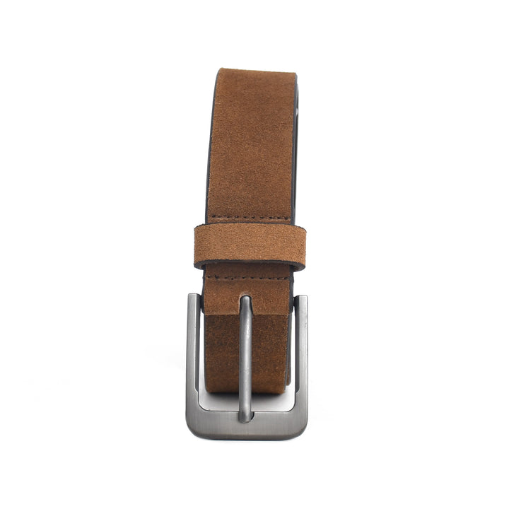 Brown leather belt with silver buckle on a white background