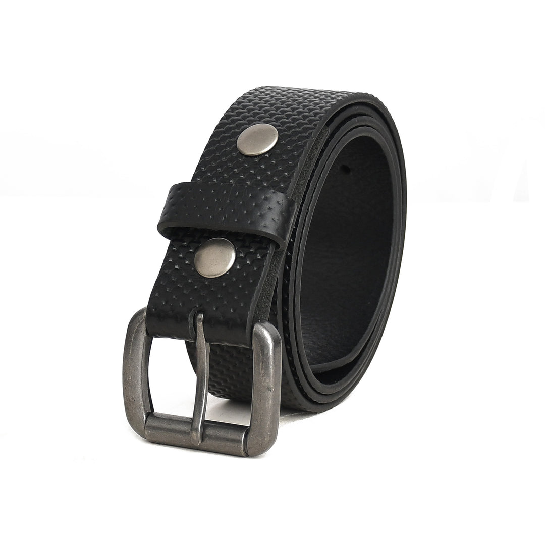 Black leather belt with silver buckle on a white background