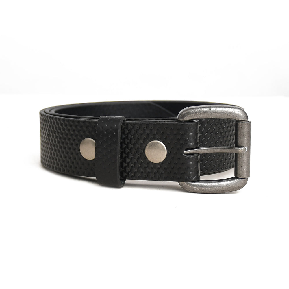 Black leather belt with silver buckle on a white background