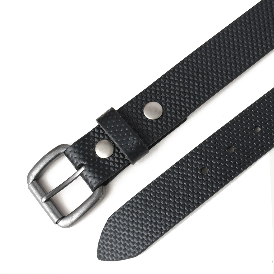 Black textured belt with silver buckle on a white background