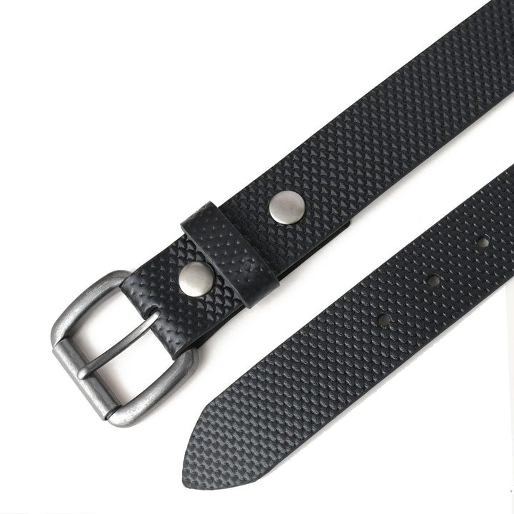 Black textured belt with silver buckle on a white background