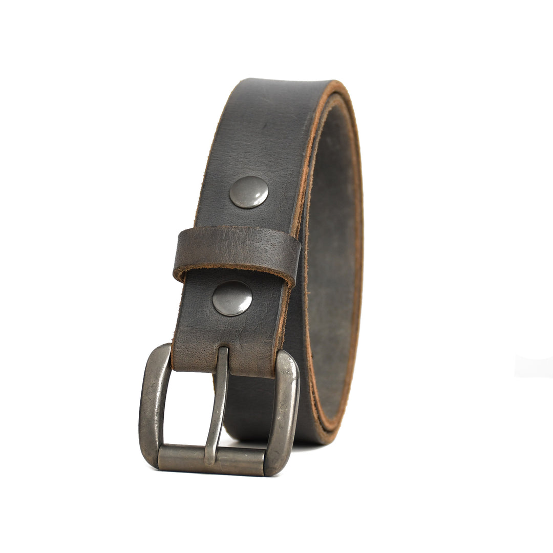 Gray leather belt with silver buckle on a white background