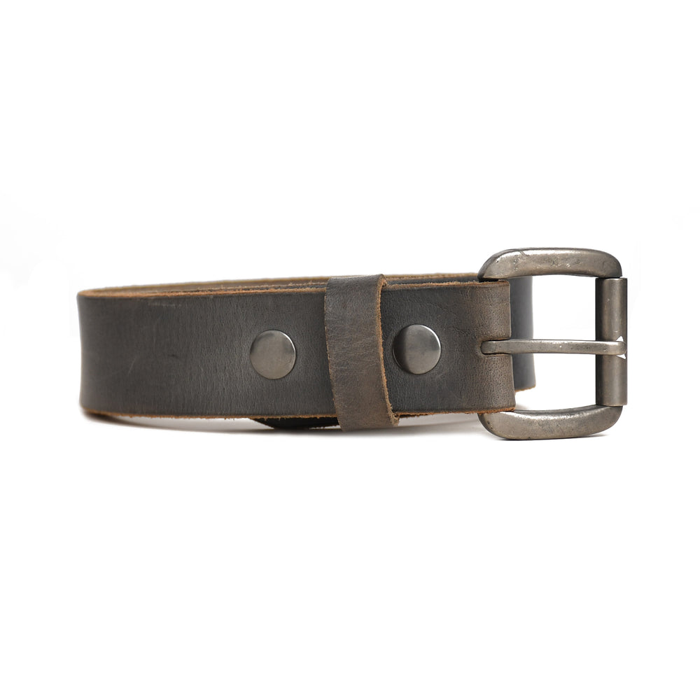 Gray leather belt with metal buckle on a white background