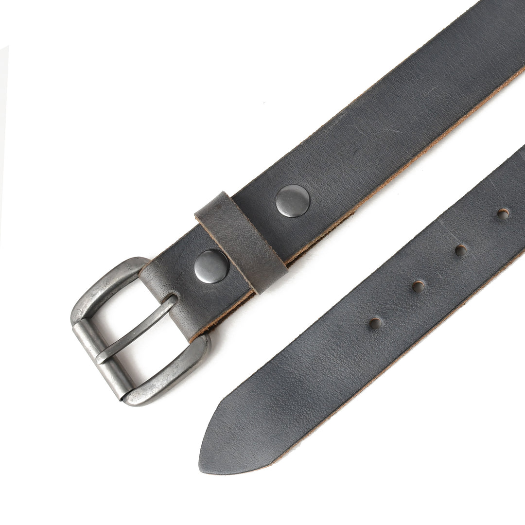 Gray leather belt with a silver buckle on a white background