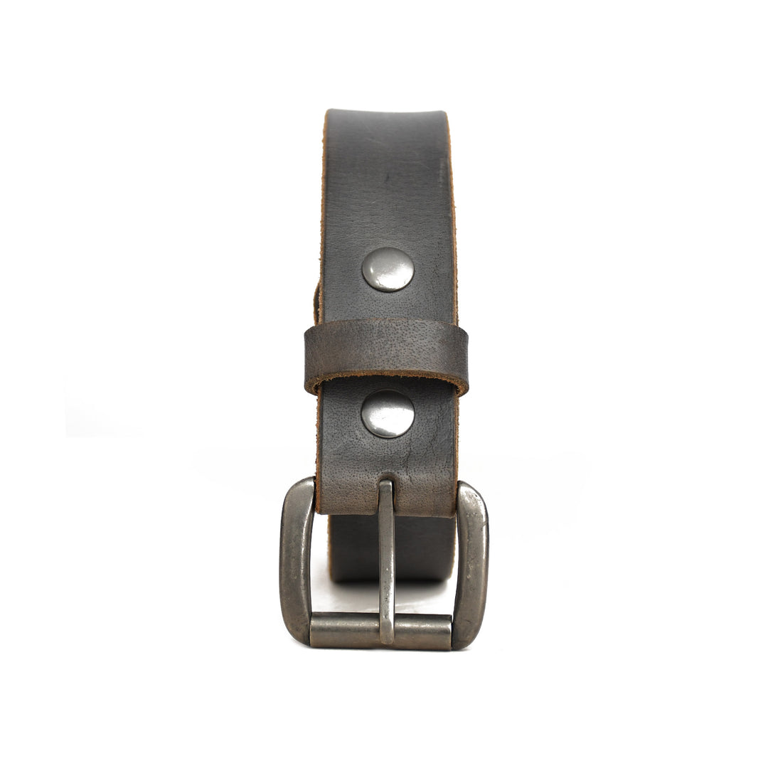 Gray leather belt with silver buckle on a white background