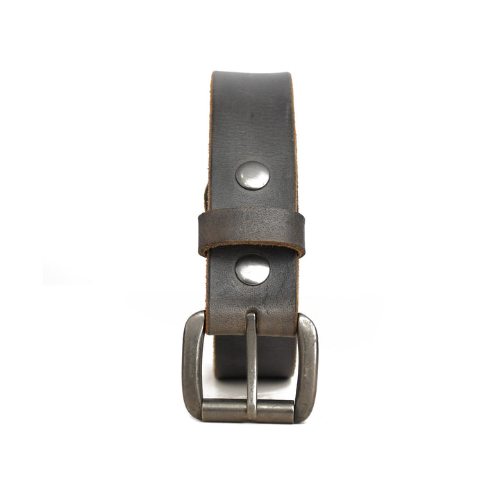 Gray leather belt with silver buckle on a white background