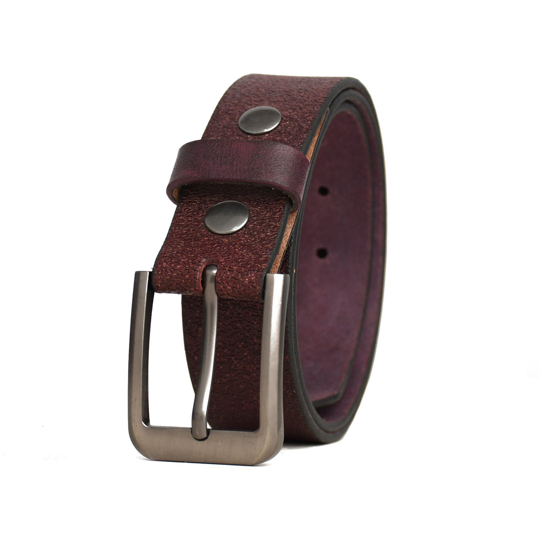 Brown leather belt with silver buckle on a white background