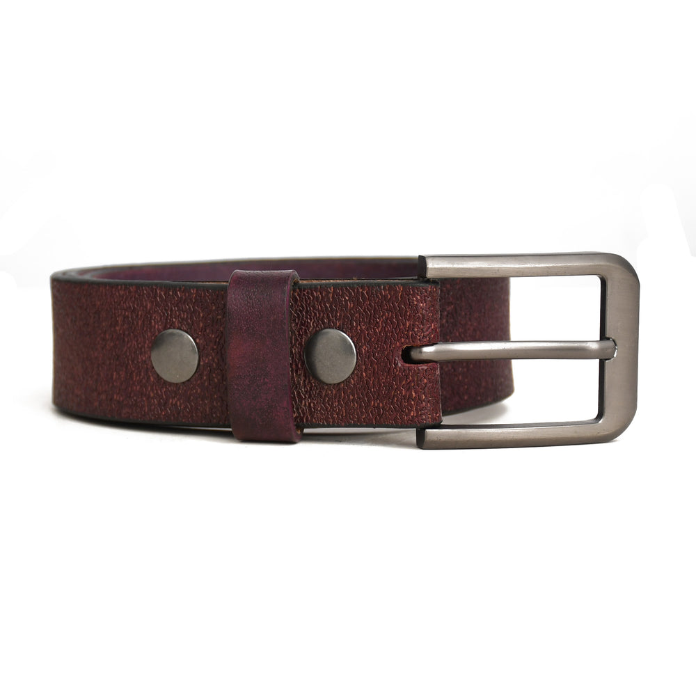 Brown leather belt with silver buckle on a white background