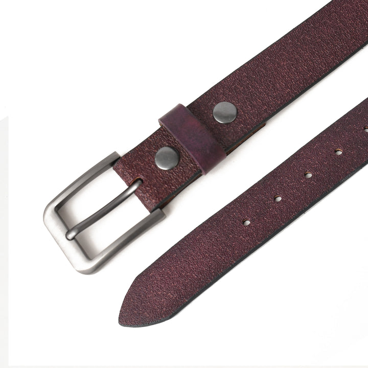 Brown leather belt with a silver buckle on a white background
