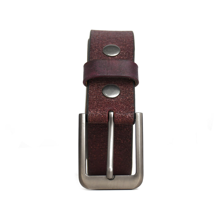 Brown leather belt with silver buckle on a white background