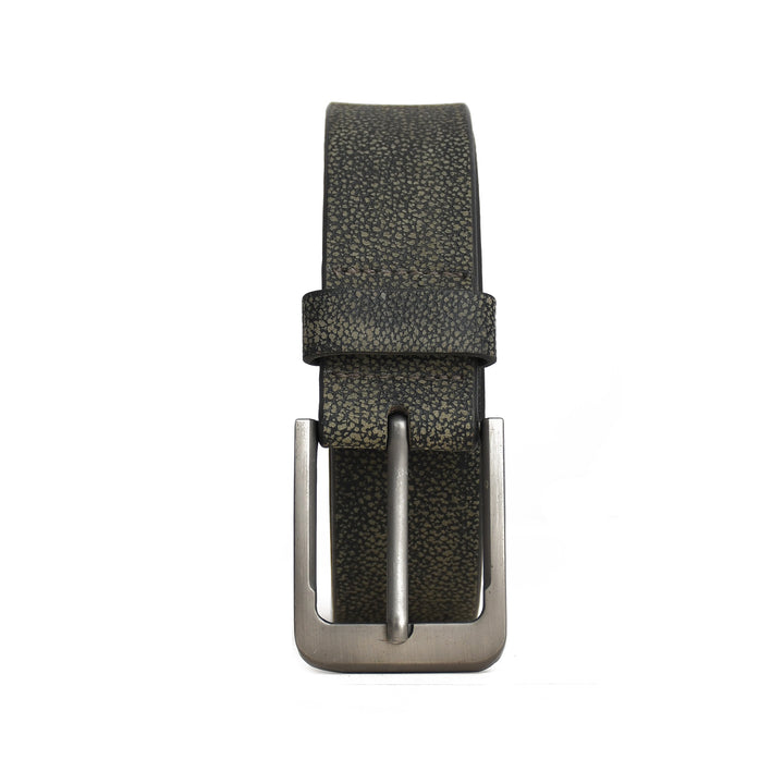 Black leather belt with silver buckle on a white background