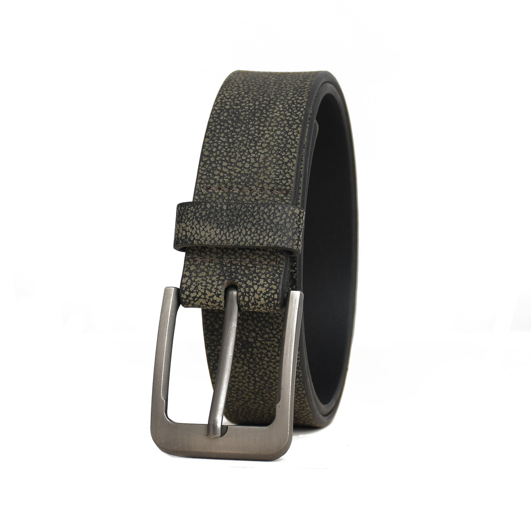 Black leather belt with a silver buckle on a white background