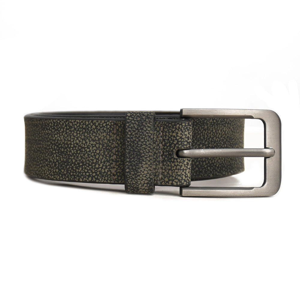 Black textured belt with a silver buckle on a white background